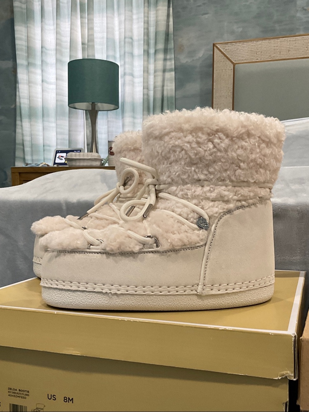 Michael Kors Zelda Bootie Cream Shearling Lace-Up Platform Bootie